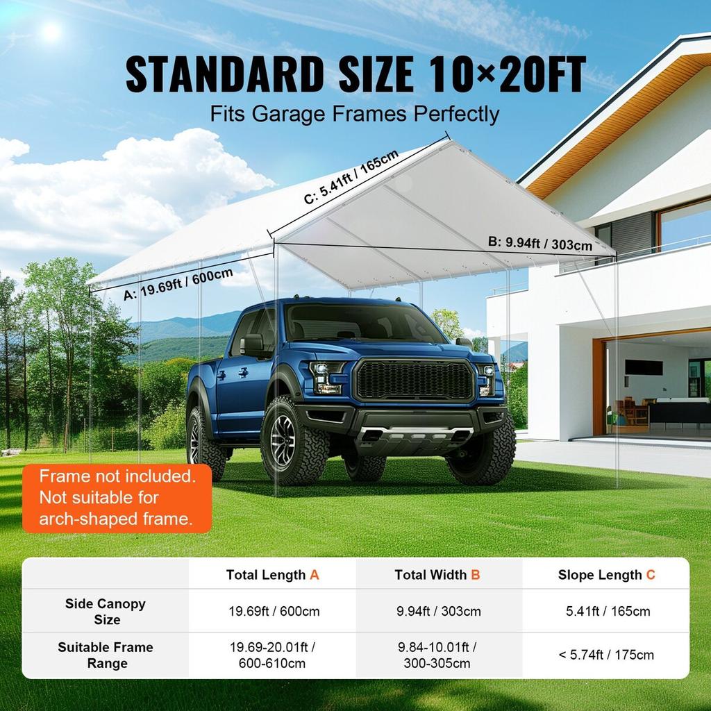 10 x 20 ft Carport Replacement Canopy Cover, Garage Top Tent Shelter Tarp Heavy-Duty Waterproof & UV Protected, Easy Installation with 40 Ball