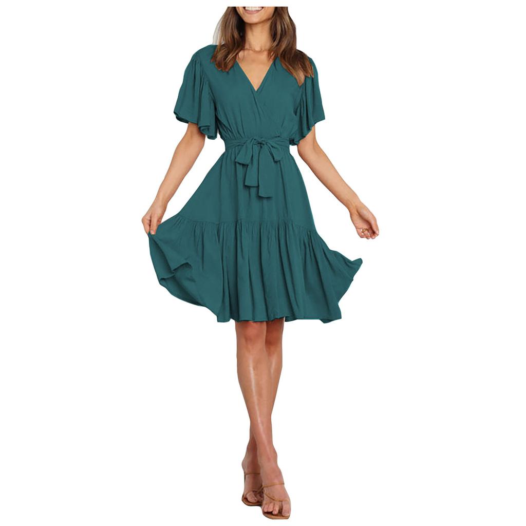 Модное женское однотонное повседневное платье с v-образным вырезом и коротким рукавом на талии