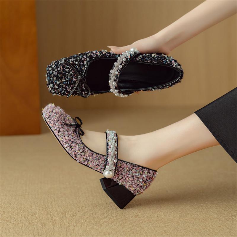 Fashion New Spring/summer Square Toe Bow Pearl Mary Jane Shoes for Women Fashion Gladiator Shoes Women Chunky Heels Women Pumps