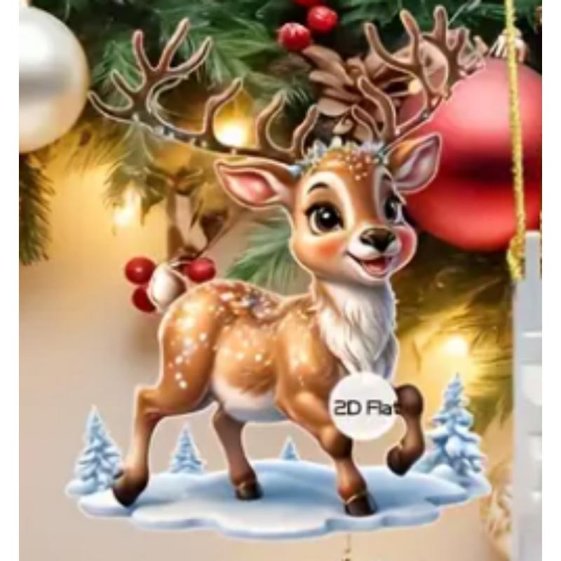 Cute Elk Baby with Christmas Lights Acrylic 2D Flat Pendant Christmas Tree Decoration Pendant Car Rearview Mirror Pendant Holiday Decoration Pendant