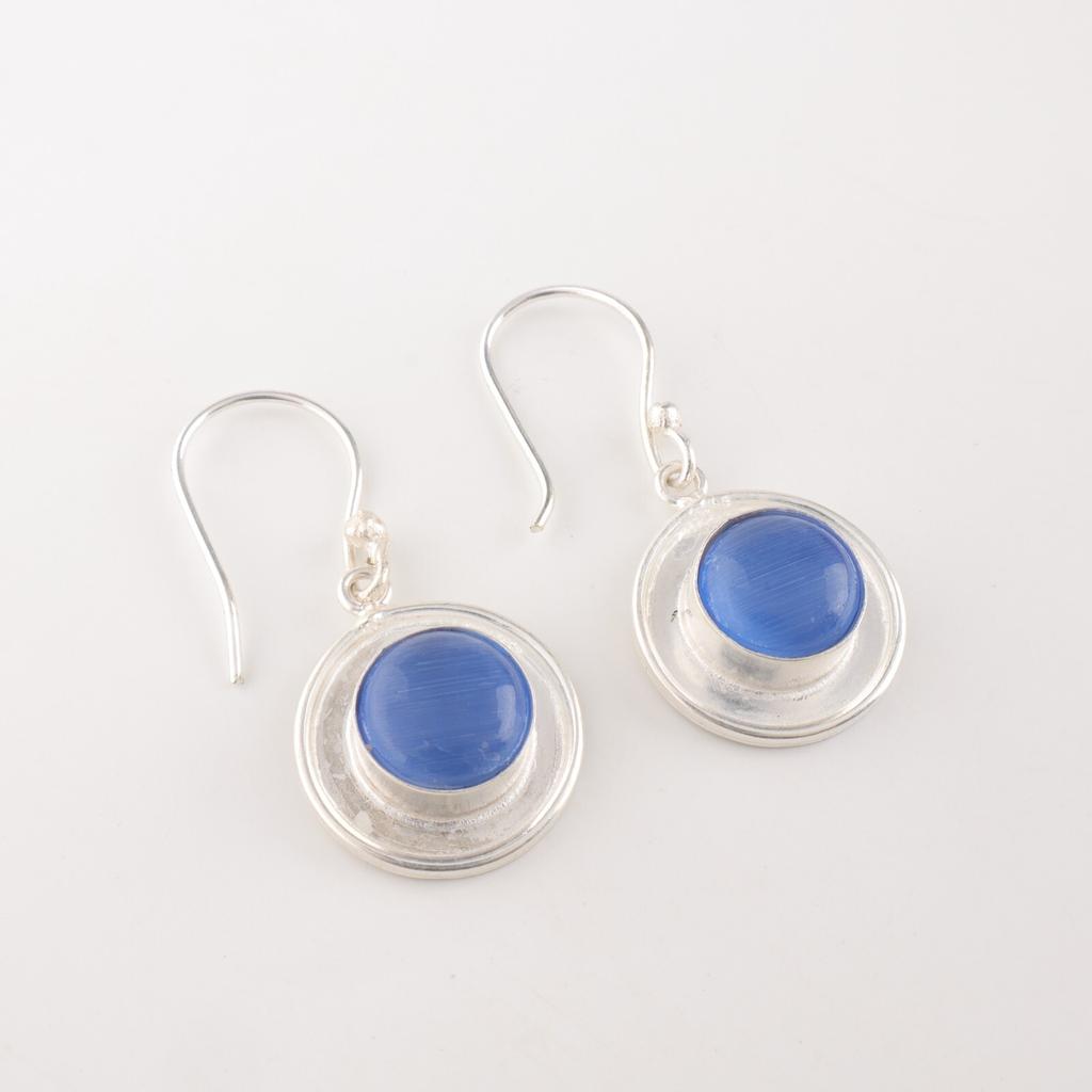 Dark Blue Cat's Eye Gemstone 925 Sterling Silver Jewelry Stylish Earrings 1.40" EE-4-44