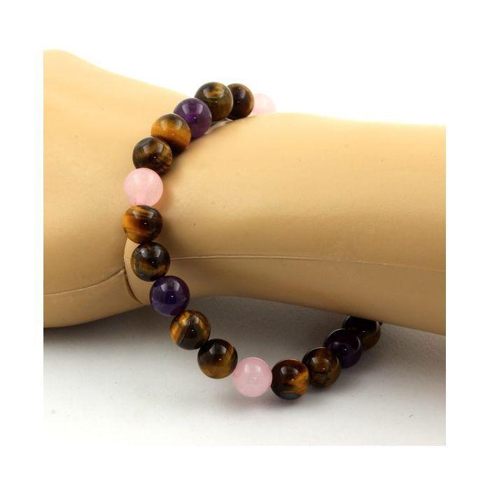 Pierres et Minéraux. Bracelet Perles Quartz rose + Améthyste + Oeil de Tigre 8 mm. Fabriqué en France.