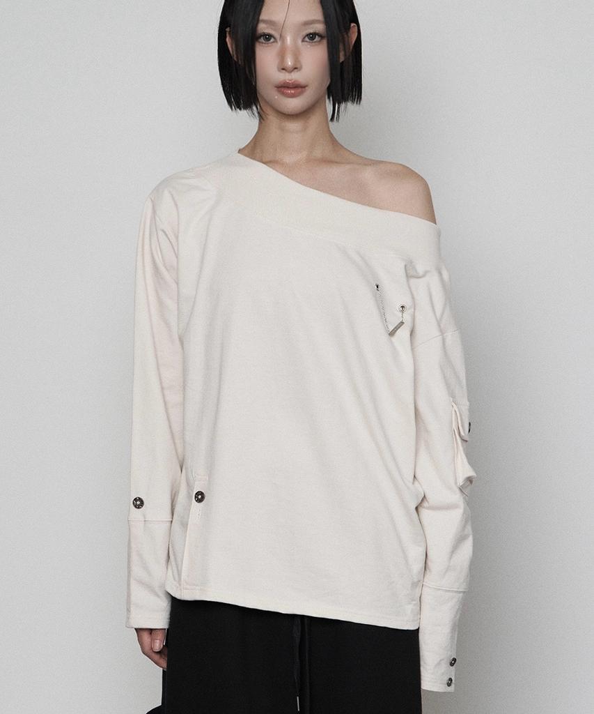 ETRE AU SOMMET One-Shoulder Pocket Button Slit Overfit Long Sleeve (Cream)