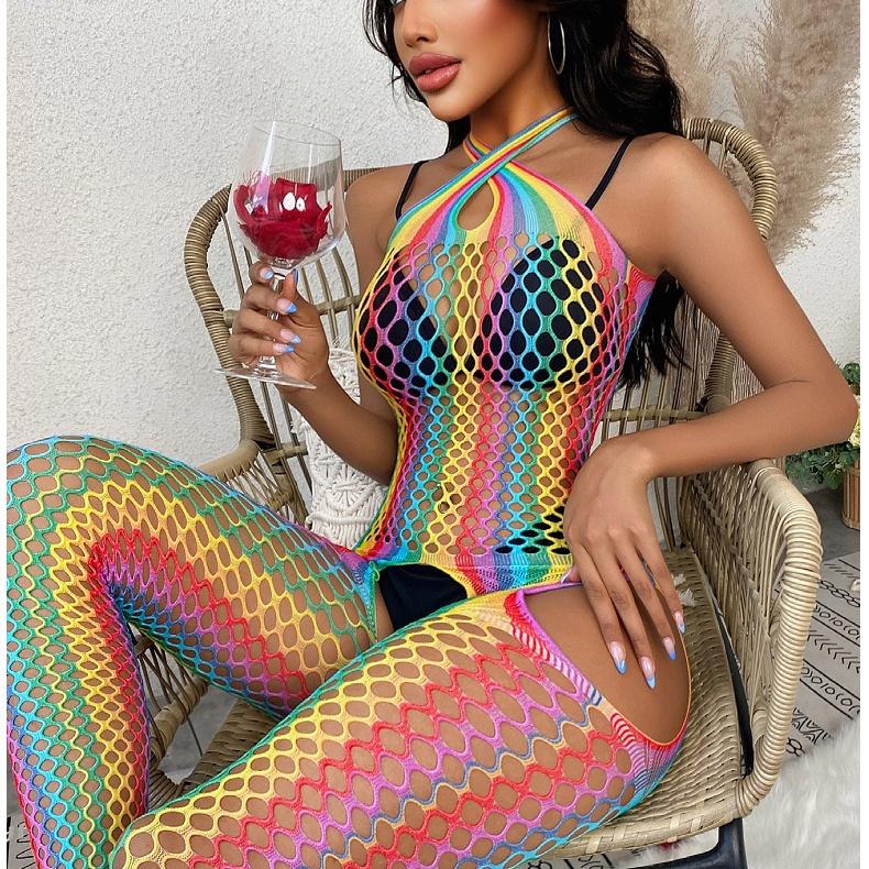 Colorful Stripes Sexy Hollow Stretch Porn Fishnet Erotic Lingerie for Women Female Crotchless Teddy Bodystockings Erotic Adult Female Sex Game Costume