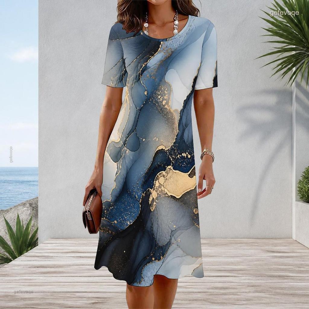 Women Plus Size Round Neck Short Sleeve Marble Printed Blue A Line Midi Dress