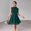 Летнее европейское и американское элегантное мини-платье с круглым вырезом и короткими рукавами, завязывающееся на талии