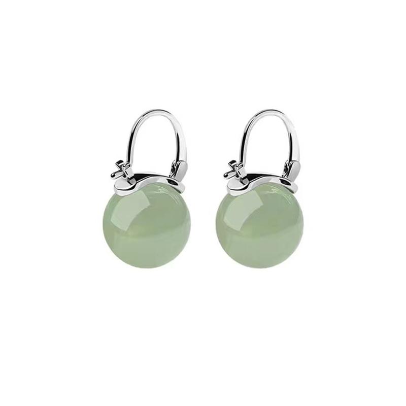 Elegant Imitation Jade Hoop Earrings for Women Green Round Beads Ear Buckle Banquet Jewelry KTB
