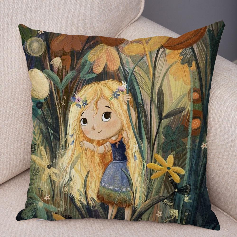 Super Soft Plush Pillow Case for Sofa Home Watercolor Cartoon Girl Cushion Cover Decor Fairy Tale World Lovely Child Pillowcase