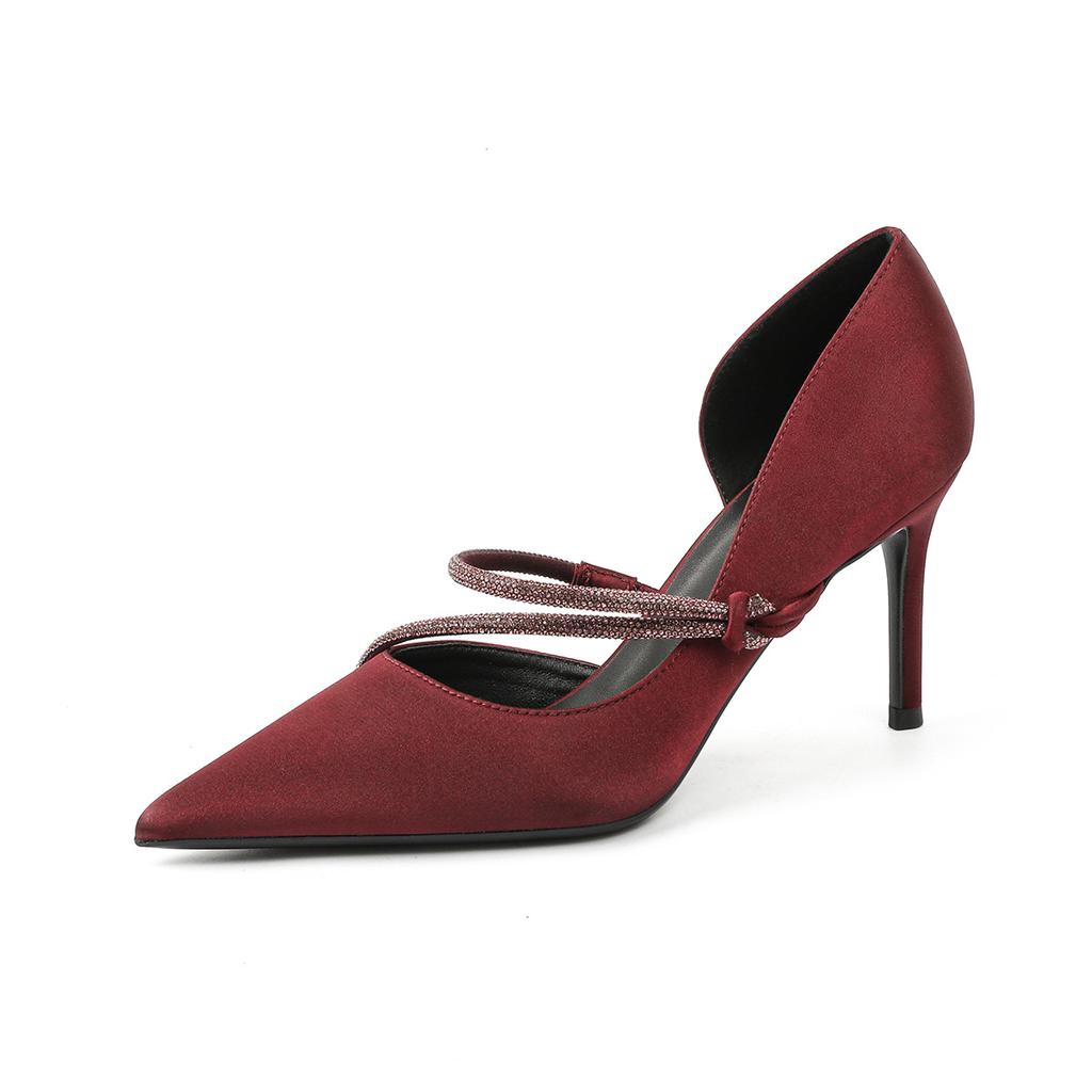 Spring and Summer Style Temperament Beautiful Purple High Heels Women's High Sense Word with Rhinestone Thin High Heel Side Empty Sandals Pointed