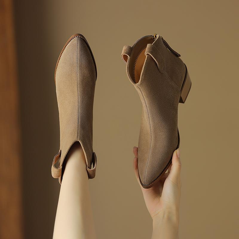 Новые женские ботильоны из коровьей замши на толстом каблуке с острым носком в стиле ретро, повседневная женская обувь для отдыха на природе, осень-зима 2024 г., женская обувь