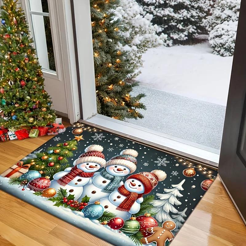 VIKAMA Christmas Snowman Welcome Mat Front Door Entry Carpet Living Room Bedroom Slippery Floor Mat Christmas Home Decoration