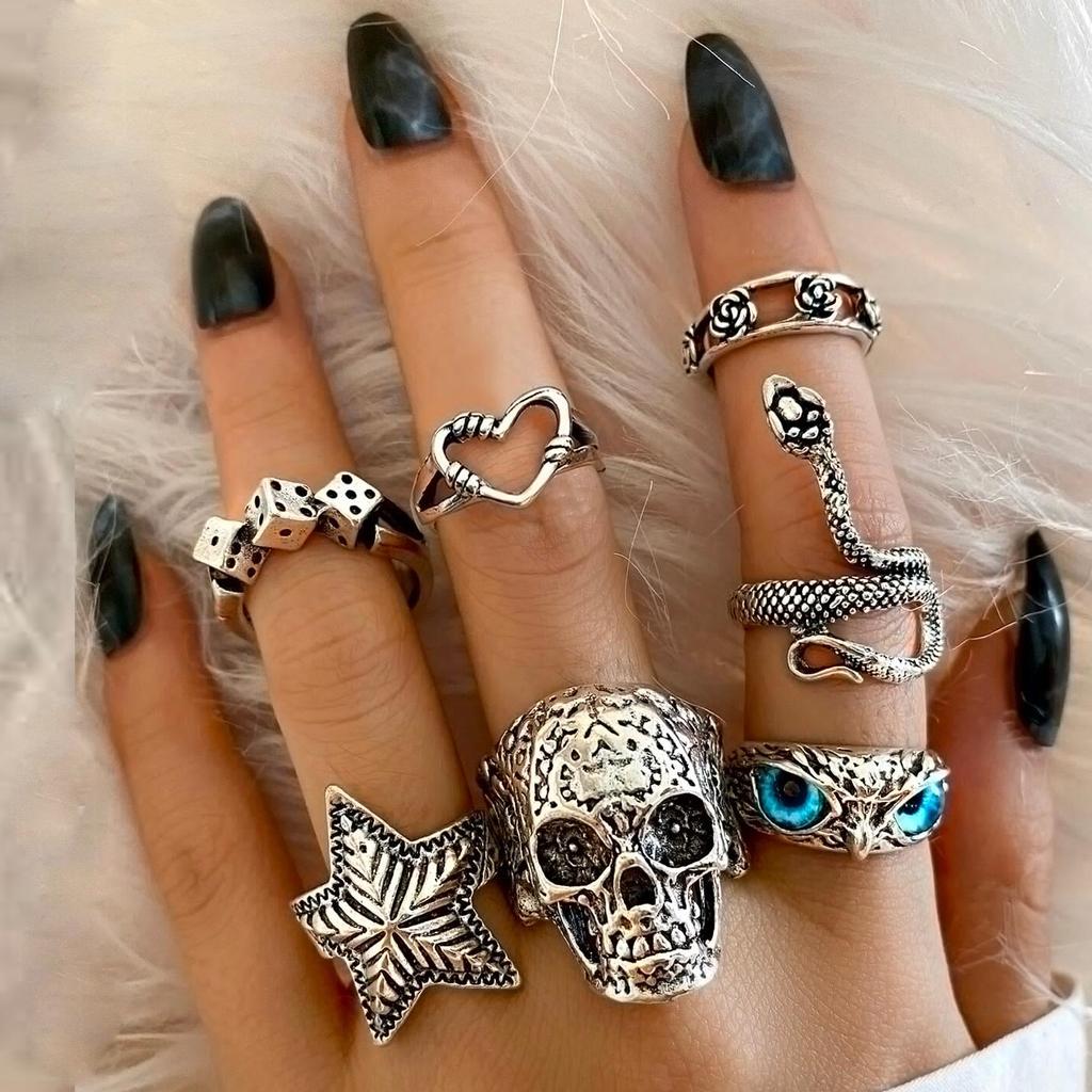 Retro Silver Color Heart Butterfly Ring For Women Punk Geometric Antique Snake Opening Adjustable Rings Y2K Trendy Jewelry Gifts