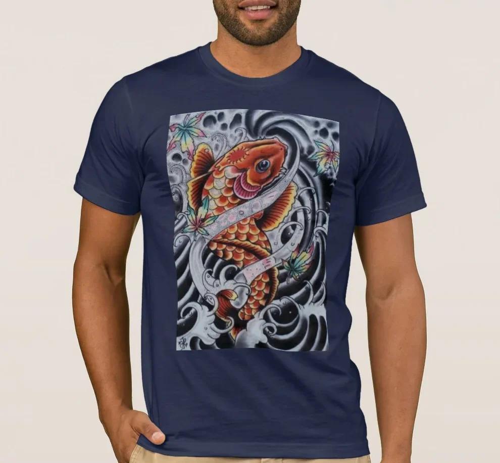 Colored KOI Tattoo Look Printed Premium TShirt Summer Cotton Short Sleeve ONeck Unisexs T Shirt New S3XL