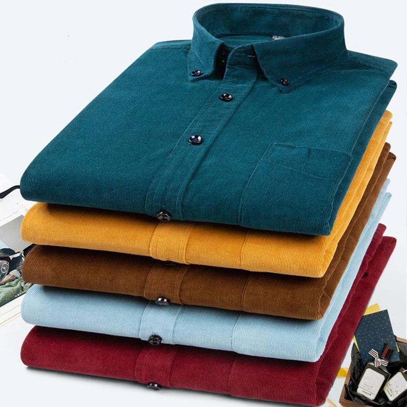 7XL 6XL Мужская вельветовая рубашка с длинным рукавом 100% хлопок Повседневная Классический крой Мягкая Удобная Карман Формальные рубашки Мужская одежда