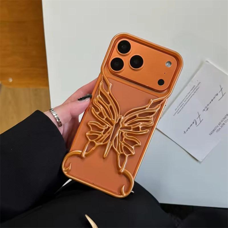 3D Чехол для телефона с полым узором бабочки для отвода тепла для iPhone 17 Air 16 15 14 13 12 11 Pro Max Plus Гальванизированная жесткая задняя крышка