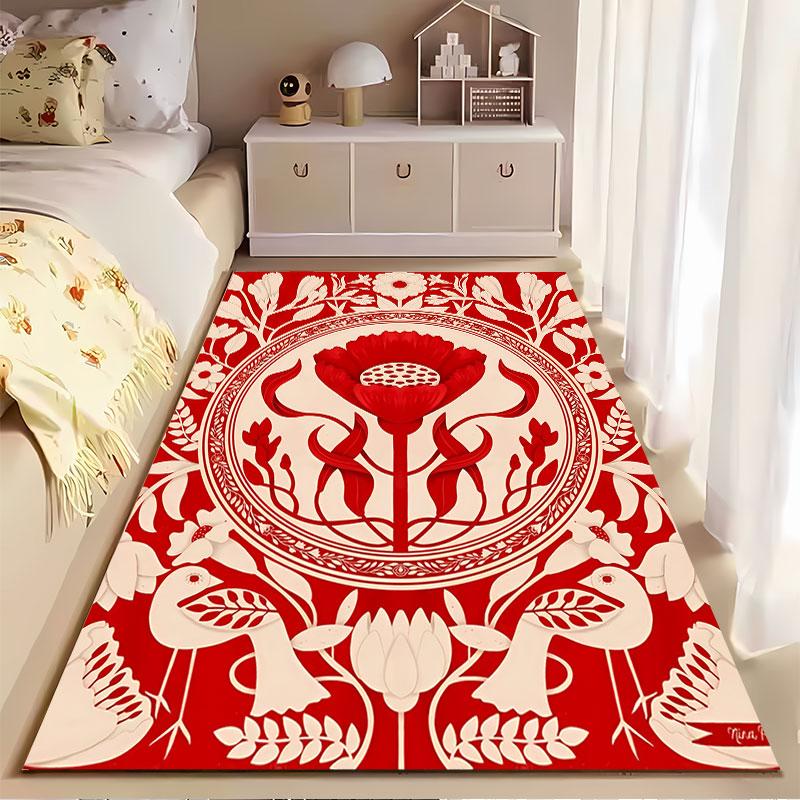 Red Floral Pattern with Birds suitable as a non-slip mat for the living room or bedroom sofa