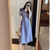 2023 Summer French Retro Mid-Length Square Neck Plaid Dress, Short-Sleeve, Waist-Hugging for Women