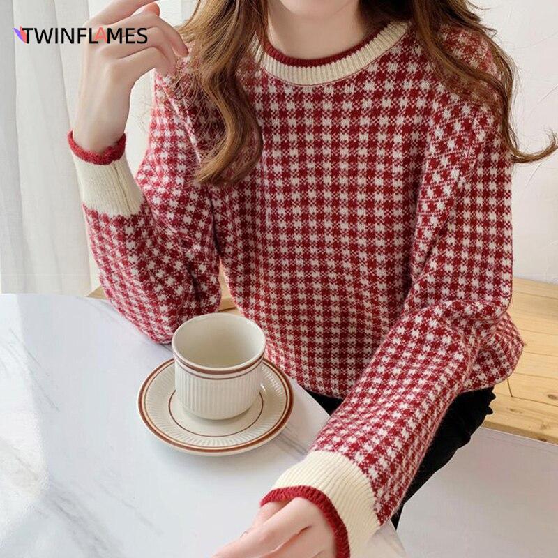Classic O-Neck Plaid Knitted Sweater Women Loose Vintage Pullover Fall Winter New Long Sleeve Female Clothes