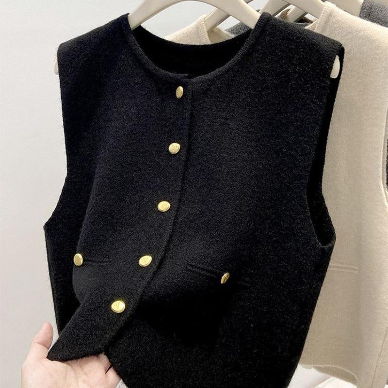 Knit Vest Women Cardigan Sweater Button Up Round Neck Sleeveless Round Neck Simplicity Casual Fashion Lady Top Female Vest Coat