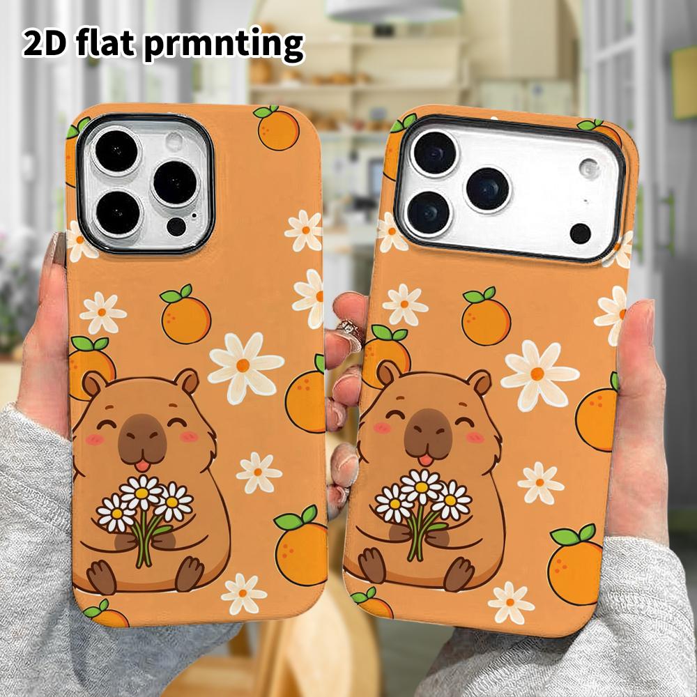 Phone Case: 2D flat design suitable for iPhone 18 17 16 15 14 13 Pro, film protective case, couple style, orange daisy capybara, Christmas and Hallowe
