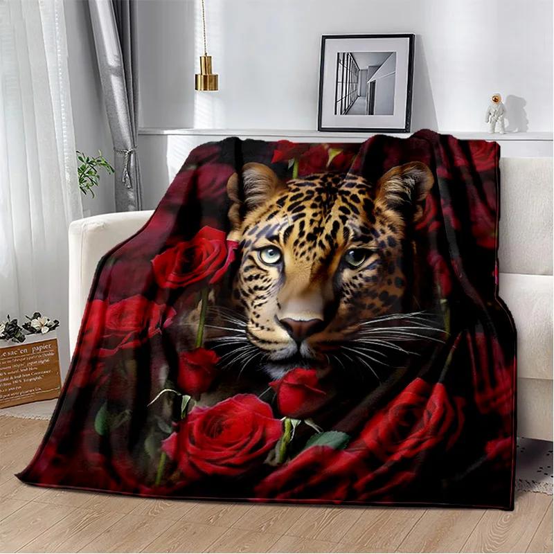 Plush Fleece Beast Animal Roses and Leopard Cheetah Throw Blanket Home Bedroom Bed Sofa Picnic Travel Cover Kid Soft Blanket
