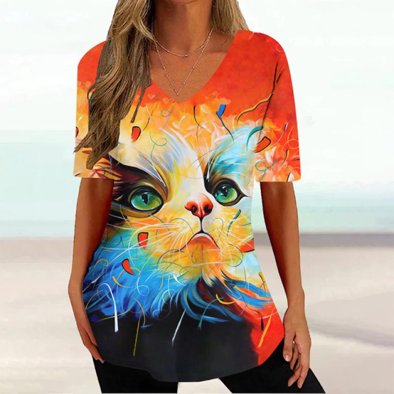 2023 модная женская одежда, топы с короткими рукавами и 3d цветным принтом кошки, повседневные уличные пуловеры, летние женские футболки больших размеров