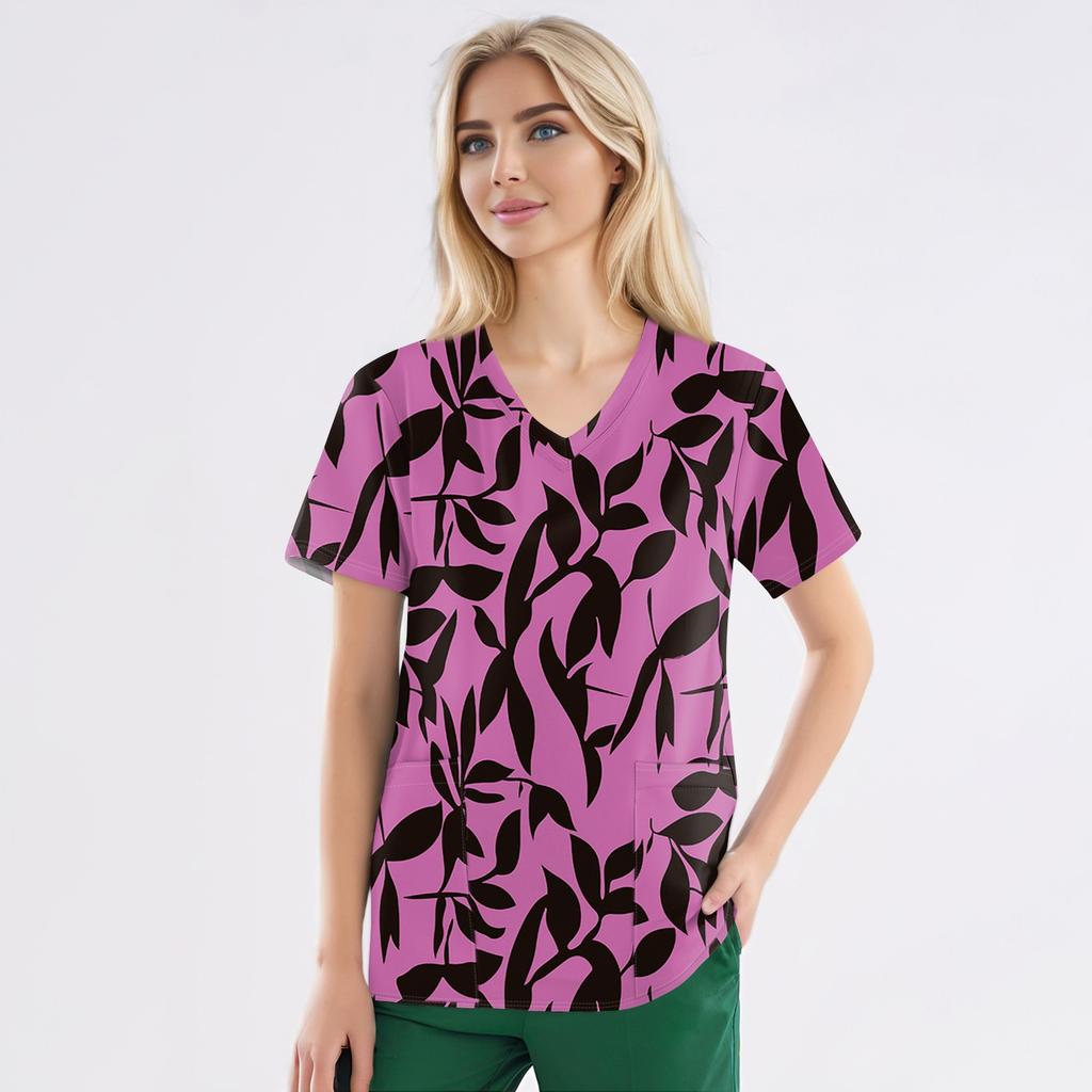 Рабочая форма больших размеров с принтом, топы для женщин, забавные футболки с v-образным вырезом и короткими рукавами, рабочая одежда, футболка с карманами