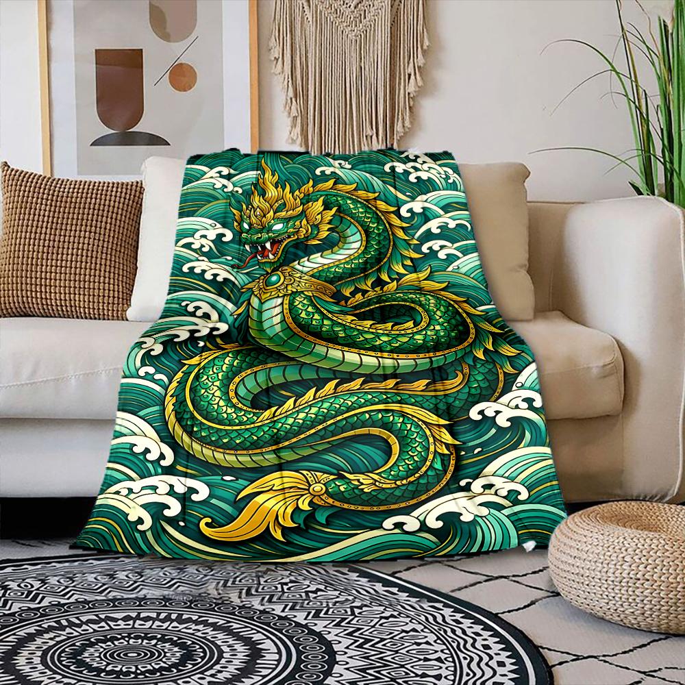 Multiple sizes Dragon and Waves Print Blanket Warm Soft Suitable for All Seasons for Home Sofa Travel Camping Picnics RV