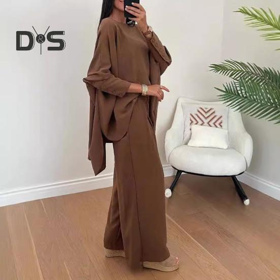 2 шт./комплект женский топ брюки костюм круглый вырез нерегулярный подол рукава летучая мышь однотонная блузка эластичная талия широкие брюки повседневная одежда для поездок на работу