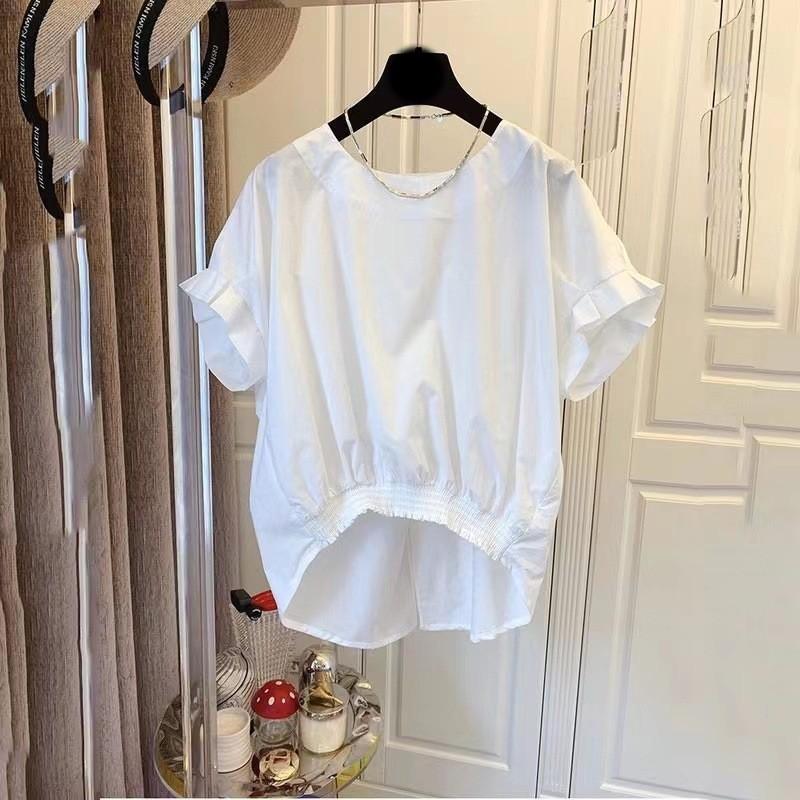 Женская мода подол блузки летние О-образный вырез короткий рукав повседневные стильные разрез сзади однотонные рубашки топы