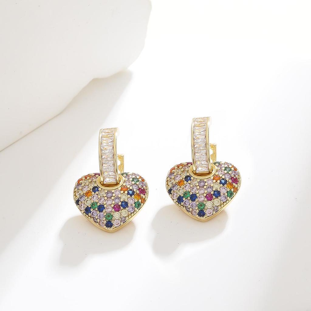 European & American Retro Heart-shaped Zircon Love Earrings - Colorful Dangle Ear Cuffs for Women