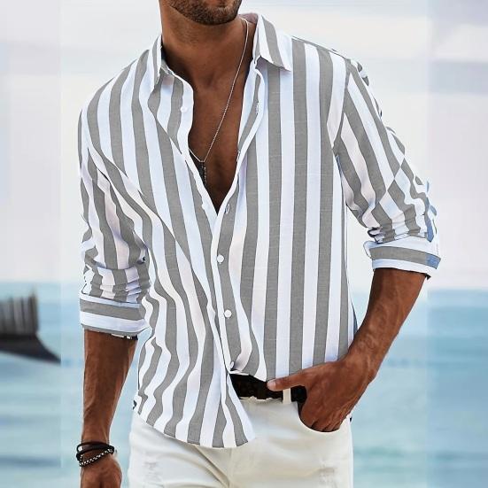 Мужская рубашка на весну и осень с отложным воротником в тон, полосатый принт с длинными рукавами, однобортный свободный кардиган, деловой топ