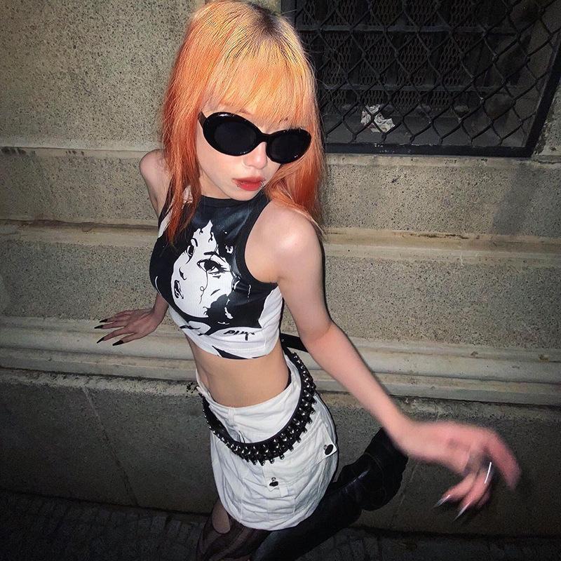 Винтажные женские летние майки с абстрактным портретным принтом для девочек, укороченные топы с открытой спиной, жилет, модная уличная одежда