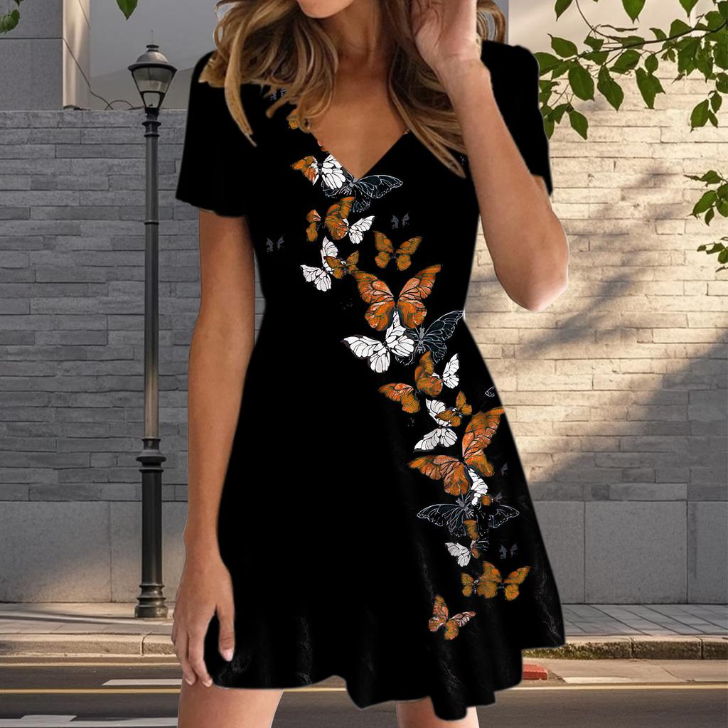 Летняя мода женские V-образный вырез короткий рукав красивые бабочки принтованные платья сексуальные короткие юбки платья