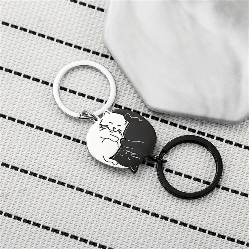 Stainless Steel Couple Keychain Hug Cat Lovers Keyring Matching Cat Key Ring  Valentine's Day Gift