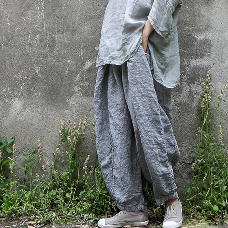 Johnature Женские винтажные серые широкие брюки с эластичной резинкой на талии, летние льняные брюки высокого качества, женские повседневные брюки