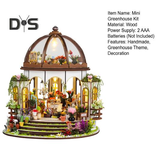 1 комплект DIY Mini Greenhouse Kit со светодиодной подсветкой Мебель для детей и взрослых, ручная работа Деревянный крошечный садовый домик Строительная модель Кукольный домик Украшения