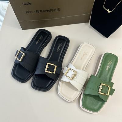 Модные тапочки, женская летняя одежда, нескользящая пляжная обувь, новые квадратные пряжки, плоская подошва, одно слово, повседневные классные тапочки