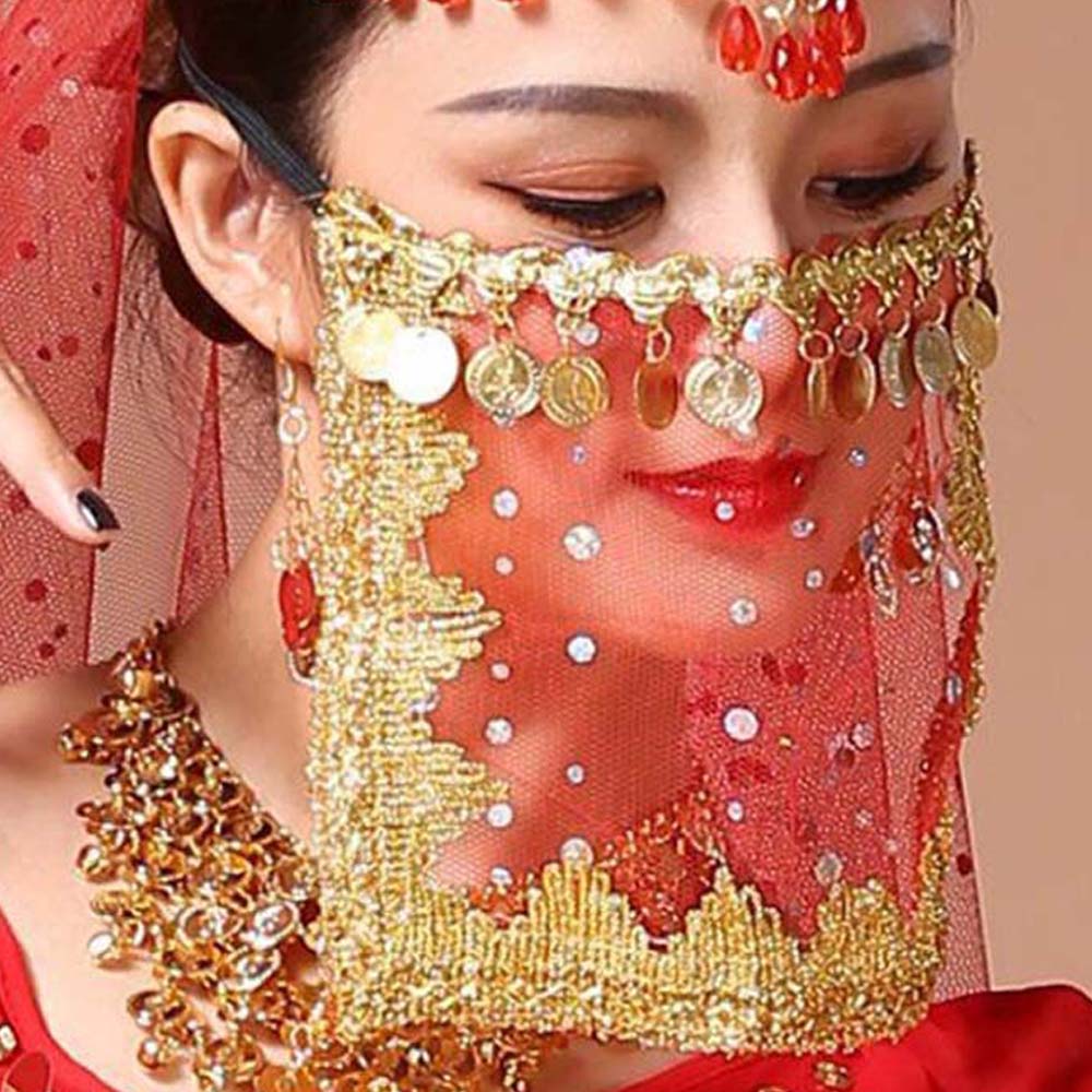 Sequins Women Indian Dance Rhinestone Face Veils Mesh Performance Accessories Belly Dance Costumes