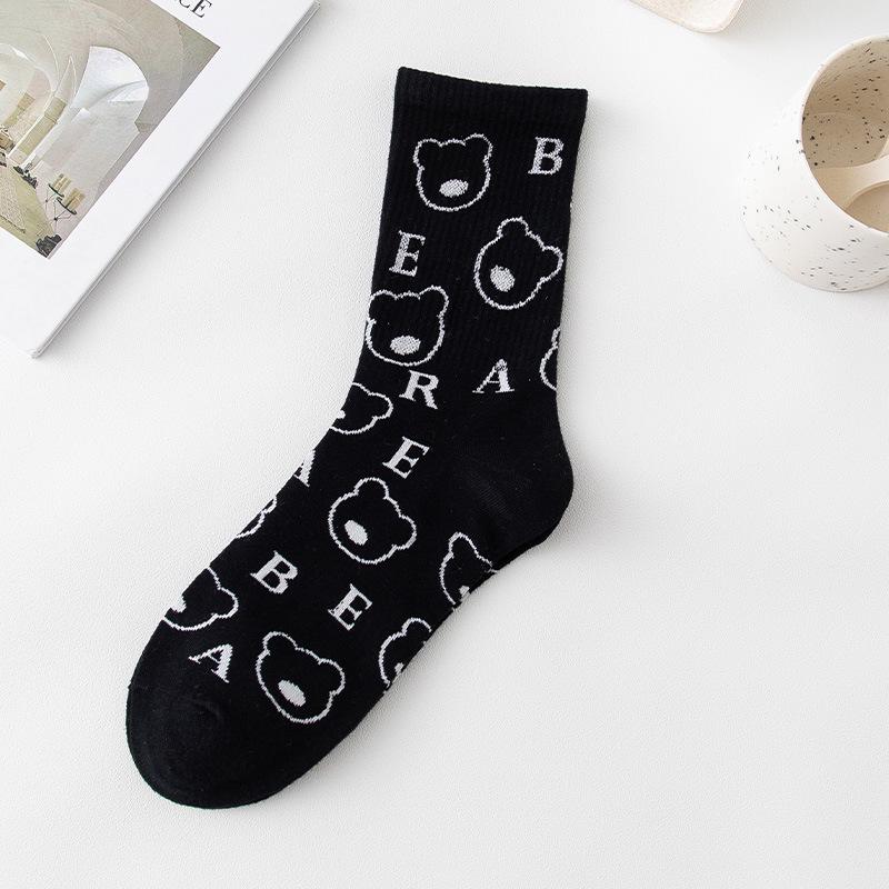 Women's Mid-Tube Cotton Socks - Black & White Japanese Embroidered Design for Autumn/Winter