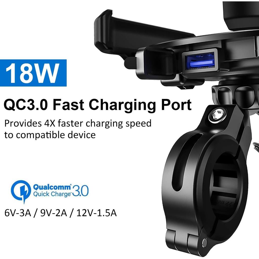 Держатель для телефона на мотоцикл, зарядное устройство, разъем USB/QC 3.0 с выключателем, водонепроницаемый на 360°, зарядное устройство USB, алюминиевый руль/зеркало для просмотра телефонов с диагональю 3,5–6 дюймов