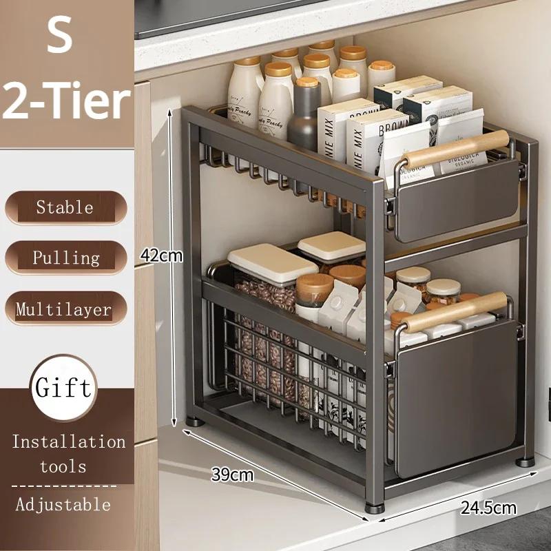 Kitchen Storage Rack Carbon Steel Under Sink Shelf Seasoning Bottle Spice Storage Racks Kitchen Organizer Sink Pull-Out Shelf