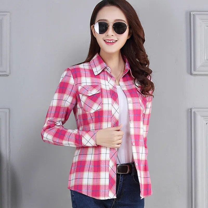 Women's Spring and Autumn Plaid Shirt Casual Long Sleeve Pocket Cotton Shirt