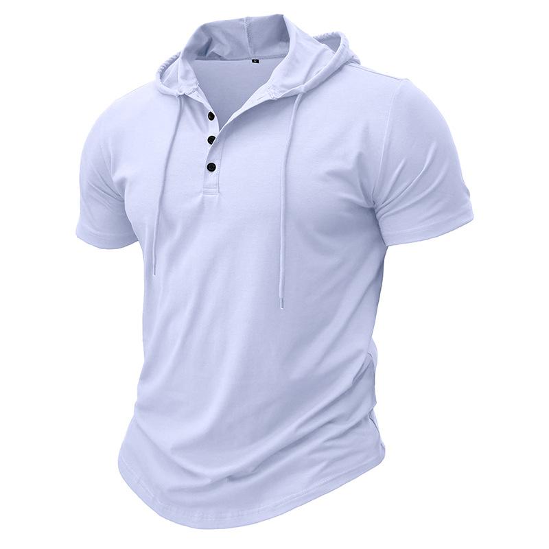 Men Green Short Sleeve Hooded Henley Neck Drawstring Casual Summer T Shirt