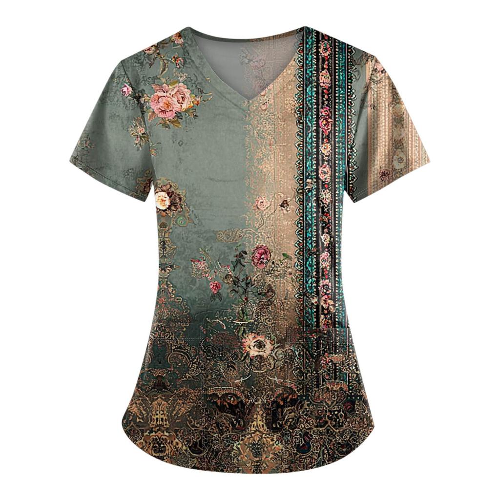 Plus Size Printed Scrub Working Uniform Tops For Women's V-Neck Print Short Sleeve Fun T-Shirts Workwear Tee With Pockets