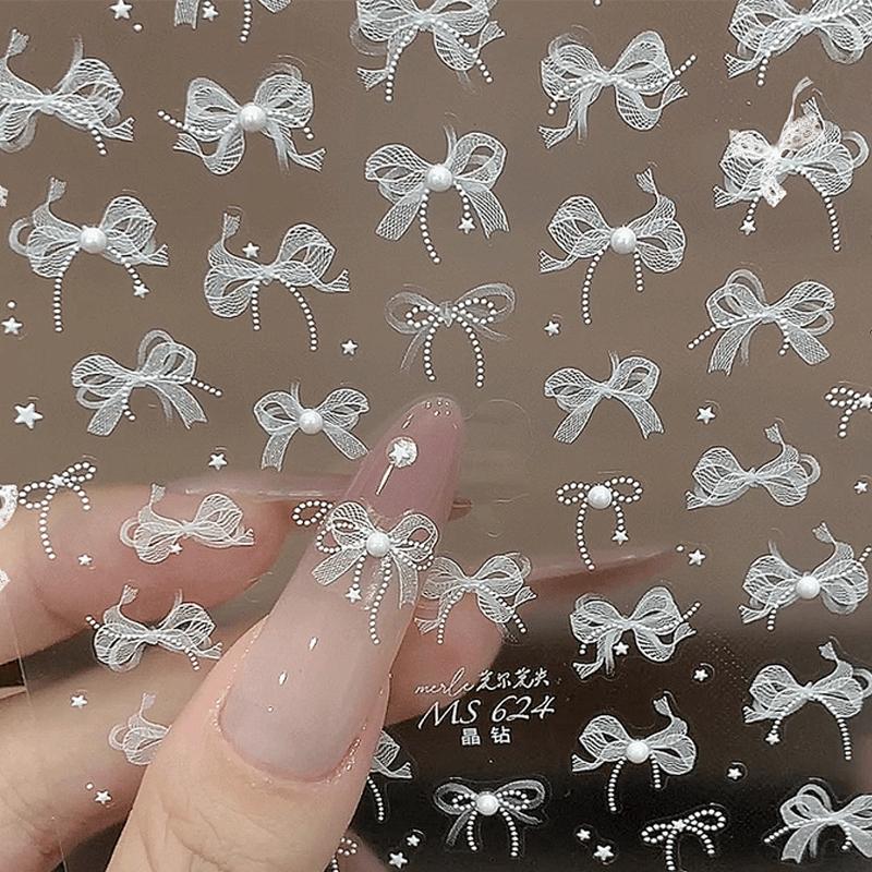 Наклейка для ногтей в форме банта из жемчужного кружева с рельефными бриллиантами, клейкая наклейка для улучшения стереоскопического дизайна своими руками