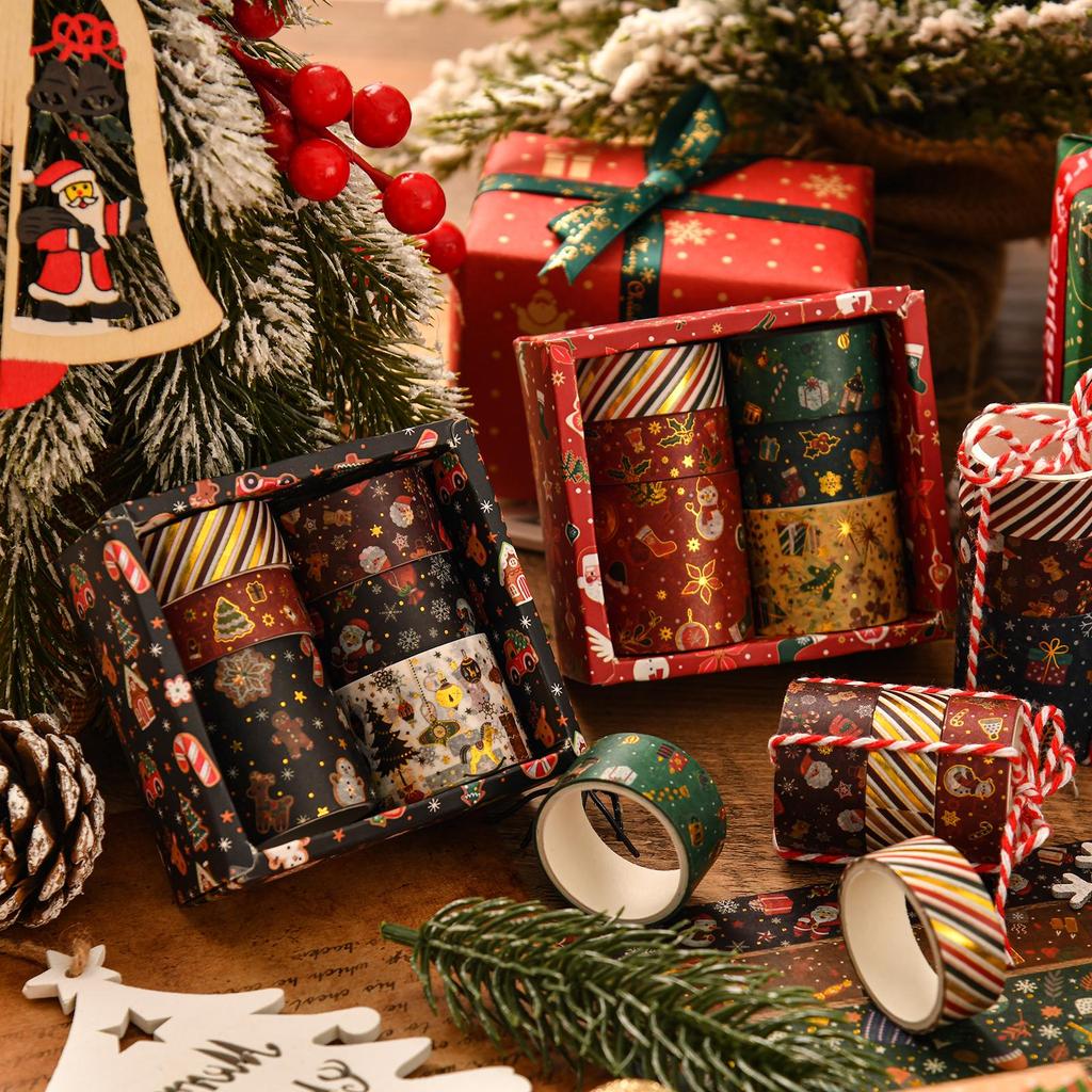 6rolls Merry Xmas Washi Tapes Set Gold Stamping Adhesive Masking Tape Christmas Decoration Stickers for Album Gift Packing