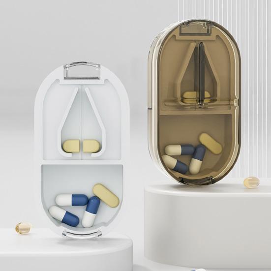 Clear Portable Pill Cutter Box Food Grade Sharp Stainless Steel Blade 2-In-1 Multi-functional Travel Capsule Tablet Storage Container Organizer