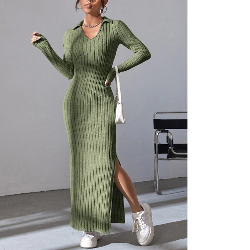 Женское осенне-зимнее трикотажное платье с узкими лацканами и длинными рукавами, однотонная обтягивающая юбка в тонкую полоску
