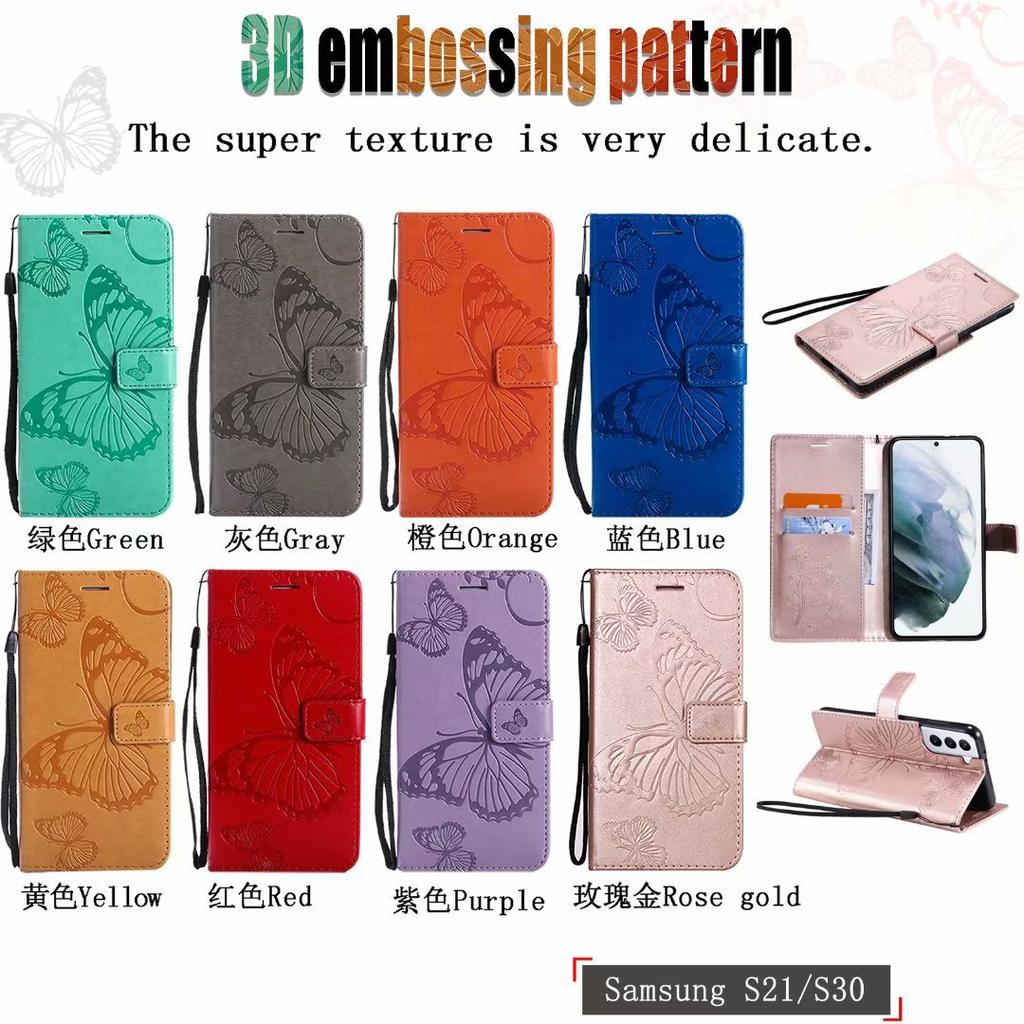 Suitable for Samsung S21 mobile phone leather case A02S butterfly embossed card wallet protective case A32 solid color leather case